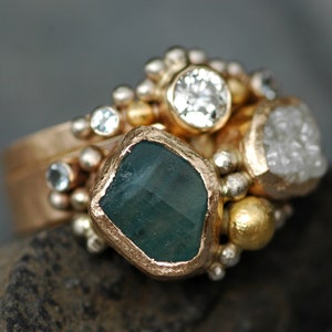 Multistone Raw Aquamarine, Rough and Cut Diamond Recycled Gold Stacking Ring Set Two Custom Made Rings Handmade image 2