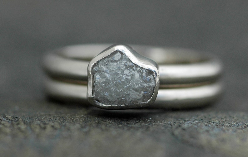 Conflict Free Rough Large Diamond Engagement Ring and Wedding Band Set 18k White, Rose, or Yellow Gold Handmade image 1