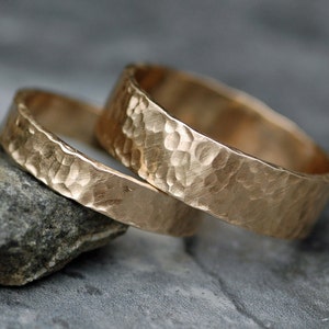 Recycled 14k Yellow Rose or White Gold Hammered Wedding  Band Set His and Hers Couple Wedding  Rings Handmade