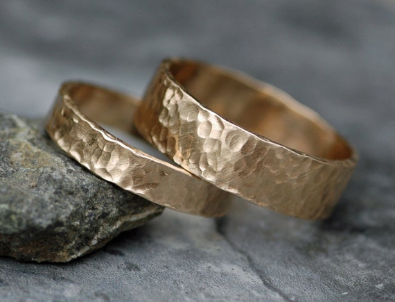 Recycled 14k Yellow Rose or White Gold Hammered Wedding  Band Set His and Hers Couple Wedding  Rings