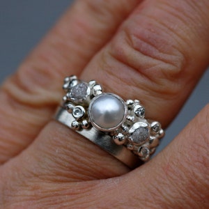 Rough Diamond, Diamond Melee and Pearl Engagement Band Custom Made Custom Colour image 4