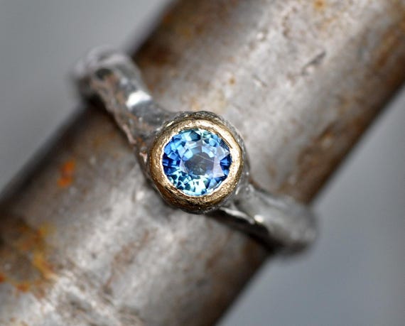 Teal Blue Australian Sapphire Recycled Sterling Silver and 18k Yellow Gold Signet Ring- Ready to Ship Size 7 One of a Kind