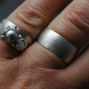 Three Rings Rough Raw Uncut Diamond and Pearl Engagement Ring and His and Hers Wedding Band Set Handmade image 5