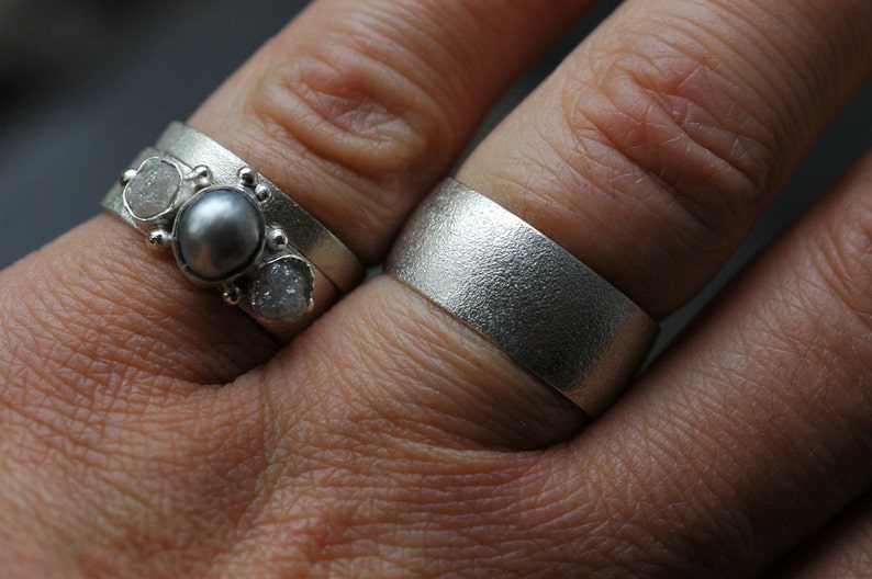 Three Rings Rough Raw Uncut Diamond and Pearl Engagement Ring and His and Hers Wedding Band Set Handmade image 5