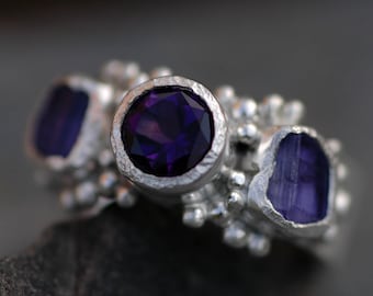 Cut Amethyst and Raw Tanzanite Ring- Made to Order Multi Stone Ring in Sterling Silver, 14k/18k Gold, or Platinum Handmade