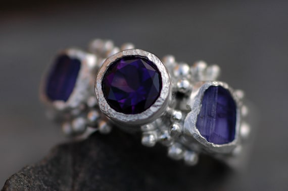 Cut Amethyst and Raw Tanzanite Ring- Made to Order Multi Stone Ring in Sterling Silver, 14k/18k Gold, or Platinum
