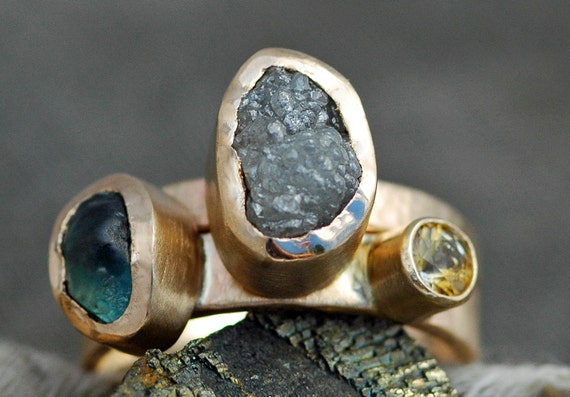 Multistone Custom 14k Gold Stacking Engagement and Wedding  Ring Set- Rough and Cut Gemstones, High Shine Bezels