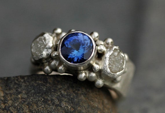 Tanzanite and Raw Diamond Ring-  Made to Order Recycled Gold Platinum Ring Handmade