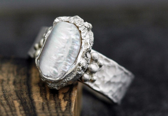 Baroque Biwa Pearl in Textured Sterling Silver Ring