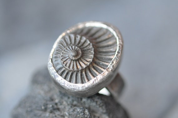 Pyrite Ammonite Negative Fossil in Hammered Recycled Sterling Silver Ring Size 6.5-7 Ready to Ship Handmade