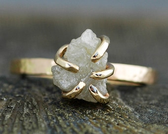 Prong-Set Rough Large Diamond Engagement Ring in 18k White or Yellow Gold- Size E Diamonds Handmade
