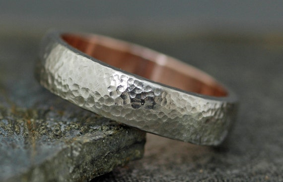 Domed 14k White and Rose Gold Wedding Band- Recycled Gold Mixed Metal Ring