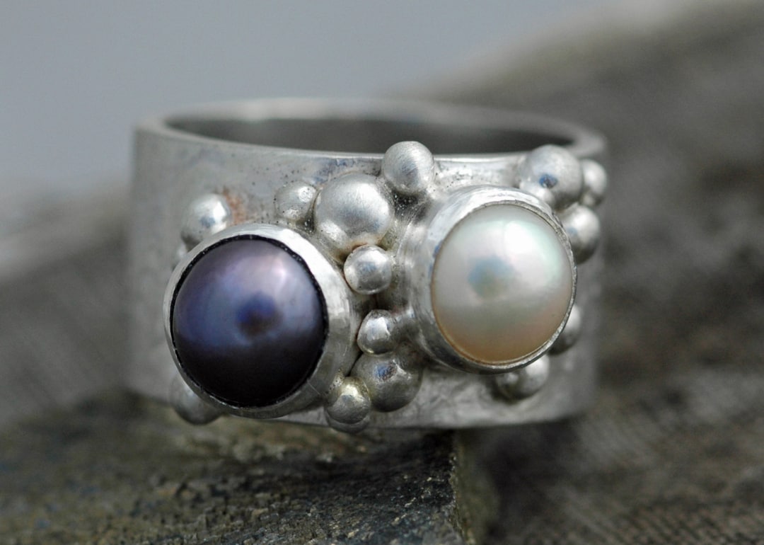 Colored Pearls in Textured Wide Band Sterling Silver Ring- Choose Your ...