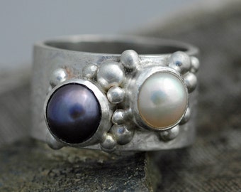 Colored  Pearls in Textured Wide Band Sterling Silver Ring- Choose Your Pearls Handmade