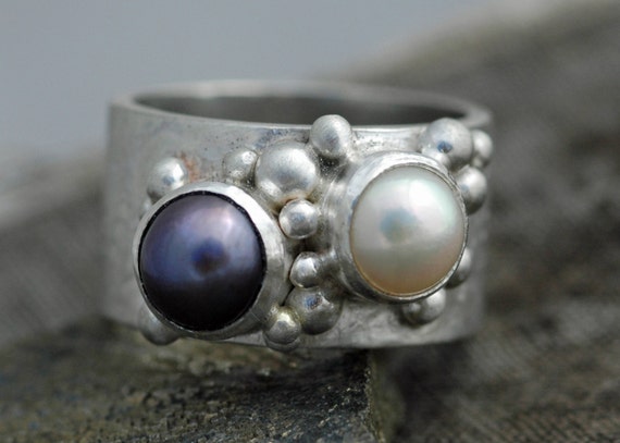 Colored  Pearls in Textured Wide Band Sterling Silver Ring- Choose Your Pearls Handmade