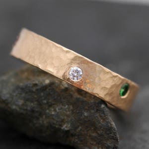 Thick Recylced 14k or 18k Gold Band With Three Flush Set Stones Diamond and Colored Gemstones Custom Made Ring Handmade image 5