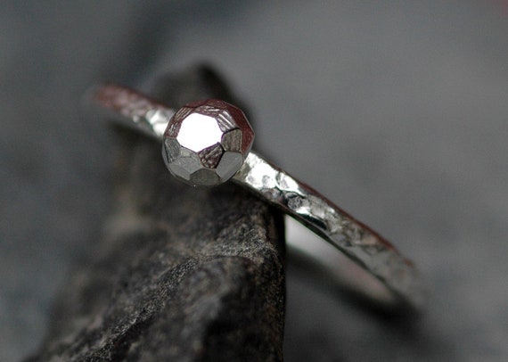 Alternative Diamond Engagement Ring- Thick Hammered Sterling Silver Ring with Silver Diamond- Ready to Ship Handmade