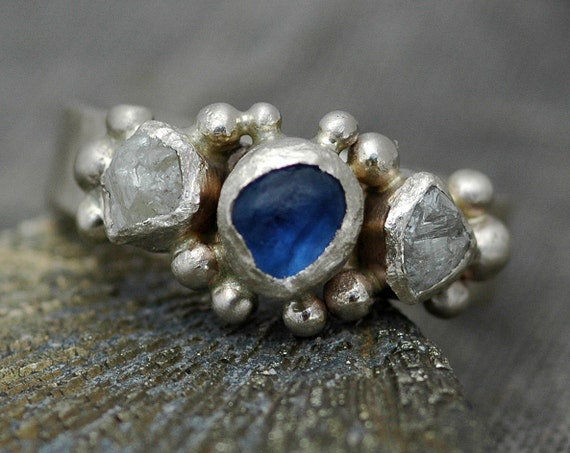 Raw Yogo Gulch Sapphire and Diamond Ring in Recycled 14k or 18k White, Yellow, or Rose Gold Handmade