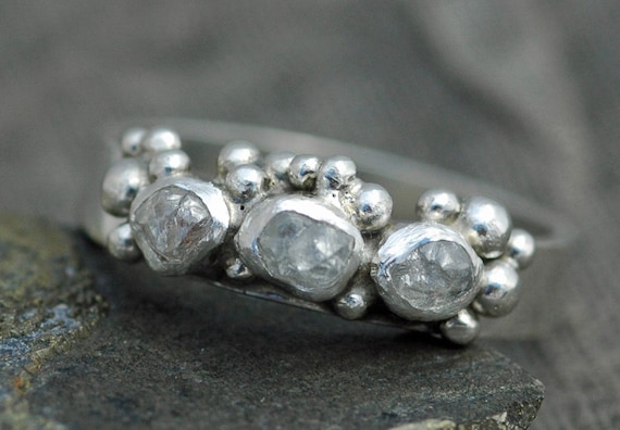 Rough Diamond Trio and Sterling Silver Engagement Ring Band- Custom Made Handmade