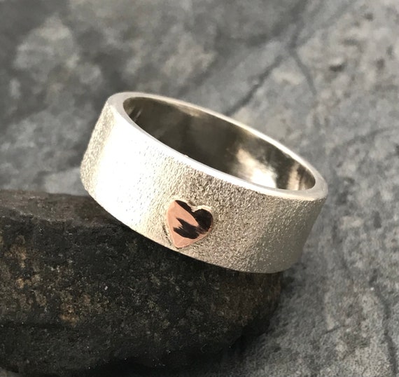 Sterling Silver Band with Yellow or Rose Gold Heart- Custom Made Handmade