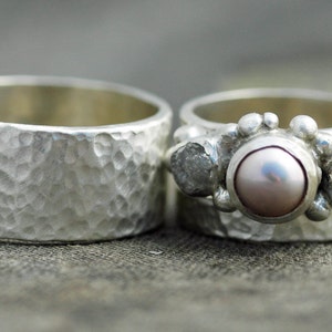 Three Rings Rough Raw Uncut Diamond and Pearl Engagement Ring and His and Hers Wedding Band Set Handmade image 2