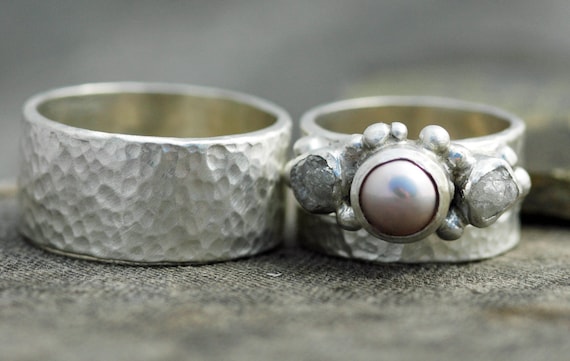 Three Rings- Rough Raw Diamond and Pearl Engagement Ring  and His-and-hers Wedding Band Set