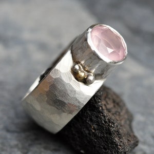 Pink Rose Quartz in Wide Band Sterling Silver Yellow Gold, Ring Ready to Ship Size 7.5 Handmade image 3