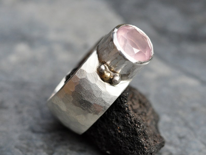 Pink Rose Quartz in Wide Band Sterling Silver Yellow Gold, Ring Ready to Ship Size 7.5 Handmade image 3