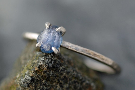 Raw Montana Yogo Gulch Sapphire on Recycled 14k or  18k White Gold Thin Band- Engagement Ring