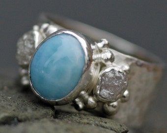 Sky Blue Larimar and Raw Diamonds in Hammered Sterling Silver Ring- Custom Made Handmade