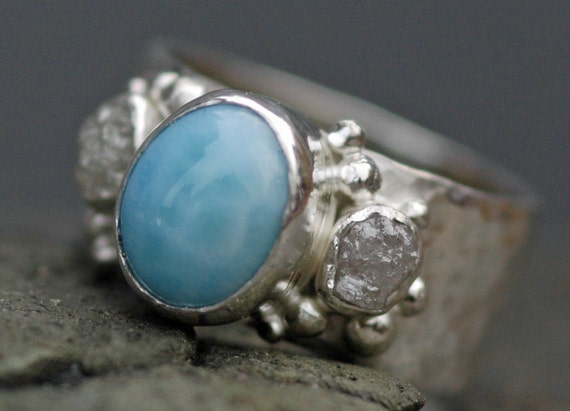 Sky Blue Larimar and Raw Diamonds in Hammered Sterling Silver Ring- Custom Made