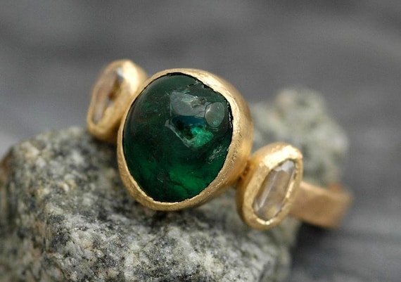 Emerald or Tourmaline and Rough Diamond on Recycled 18k Gold Ring- Made to Order