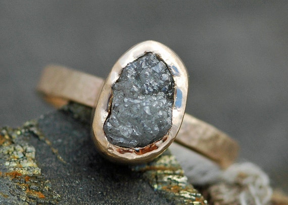 Bezel Set Raw Rough Large Diamond Engagement Ring in 18k Recycled Rose, White or Yellow Gold- Size E Diamonds Handmade
