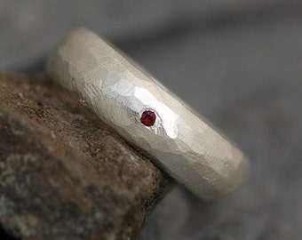 Faceted Thick Sterling Silver Band With Flush Set Red Spessartine Garnet- Made to Order Handmade