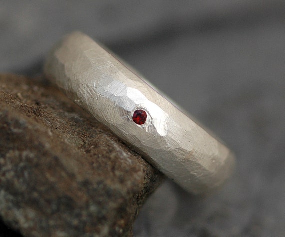 Faceted Thick Sterling Silver Band With Flush Set Red Spessartine Garnet- Made to Order