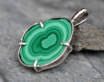 Malachite Stalactite Slice Sterling Silver Necklace Pendant With or Without Chain One of a Kind Ready to Ship Handmade