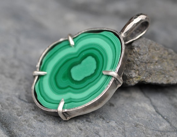 Malachite Stalactite Slice Sterling Silver Necklace Pendant With or Without Chain One of a Kind Ready to Ship Handmade