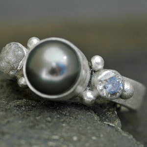 Black Tahitian Pearl, Rough Diamond, and Cut Diamond Silver Ring Handmade image 1