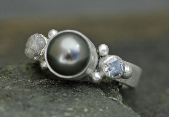 Black Tahitian Pearl, Rough Diamond, and Cut Diamond Silver Ring