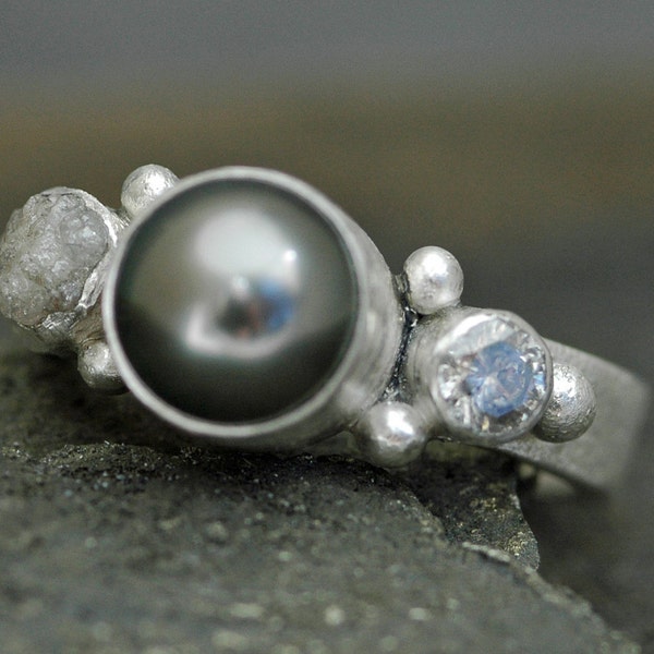 Black Tahitian Pearl, Rough Diamond, and Cut Diamond Silver Ring Handmade