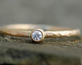 White Diamond on Skinny Solid Recycled 14k Gold Stacking Engagement Ring- White  Rose or Yellow Gold Skinny Band Made to Order Handmade