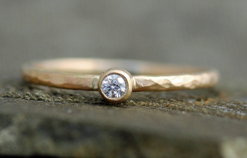 White Diamond on Skinny Solid Recycled 14k Gold Stacking Engagement Ring White Rose or Yellow Gold Skinny Band Made to Order Handmade image 1