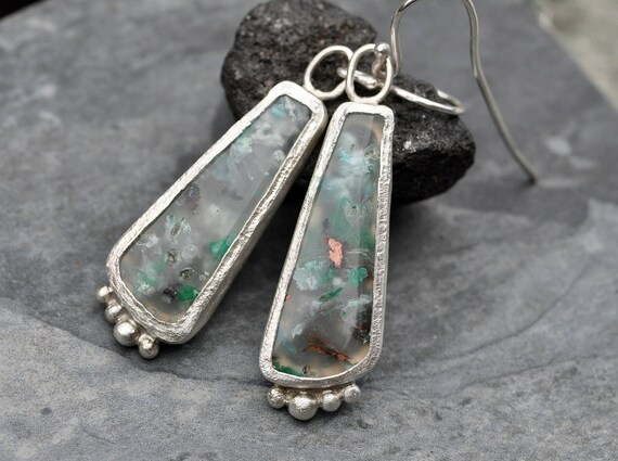 Sugar Water Flower Agate Chrysocolla and Copper Sterling Silver Earrings