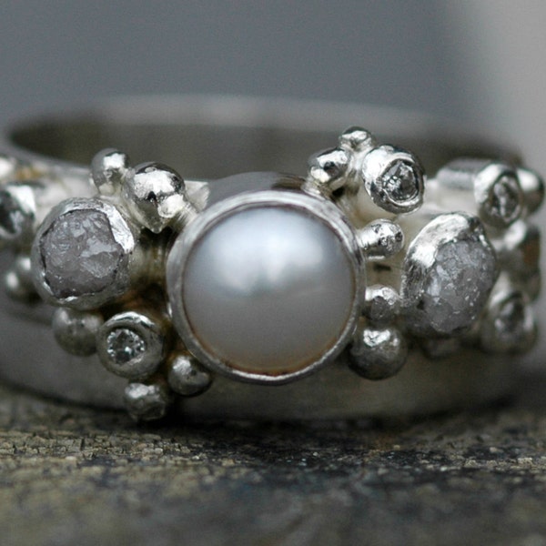 Rough Diamond, Diamond Melee and Pearl Engagement Ring and Matching Wedding Band- Custom Made Custom Colour Handmade