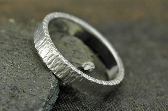 Thick Sterling Silver Band-  Birch Bark Texture