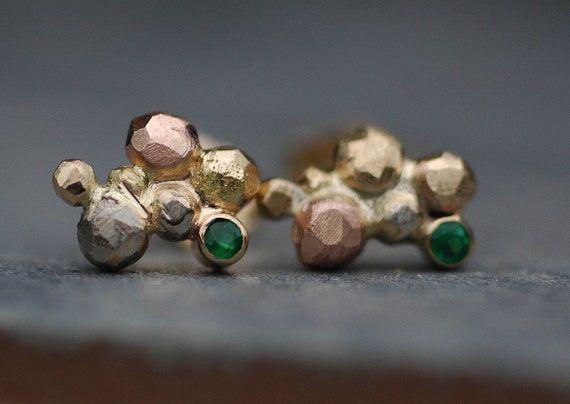 Little Emeralds in Orb Cluster Rose, White, and Yellow Gold Post Earrings- Made to Order Handmade