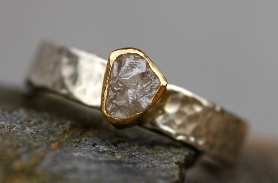 Conflict-free Rough Diamond Ring in 22k Yellow Gold and Hammered Sterling Silver