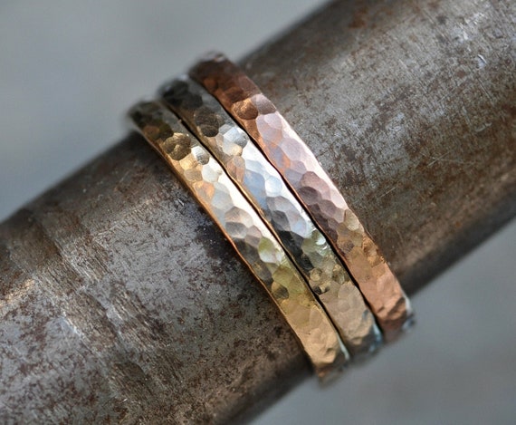 Rustic Hammered Gold Stacking Ring- 14k Recycled Yellow, White, or Rose Gold- Custom Made Handmade