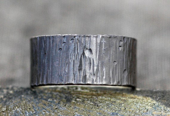 Black Birch Bark Sterling Silver Band- Custom 3/8" Wide Oxidized Wedding Band