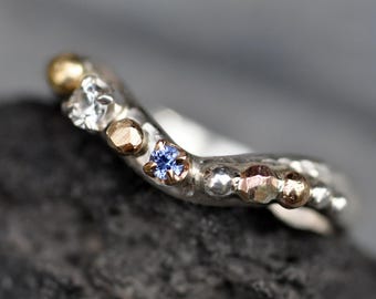 Montana Yogo Gulch and White Sapphire Recycled Sterling Silver Gold Hammered Wave Ring Size 7 Ready to Ship Handmade One of a Kind